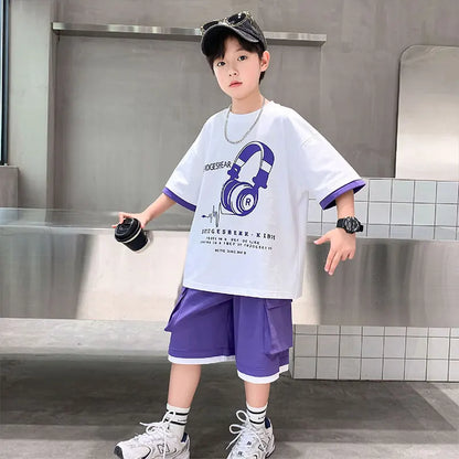 Fashion Stylish Kids Boys Top and Bottom Set Summer Tracksuit Streetwear Children New Trend Short Sleeve Clothes Suit Age 5-14 Y