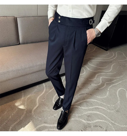 Pure Color Male Business Wedding Dress Pants Fashion Unique Design Men Waist Adjustable Suit Pant No Belt Slim Trousers Homme
