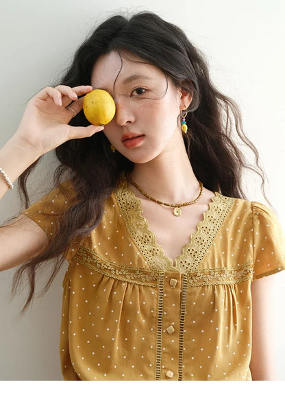 Women's V-neck Lace Splicing Blouse 2025 Summer New Ladies Fashion Polka Dot Hollow Ruffle Button Female Top MXE38X1847