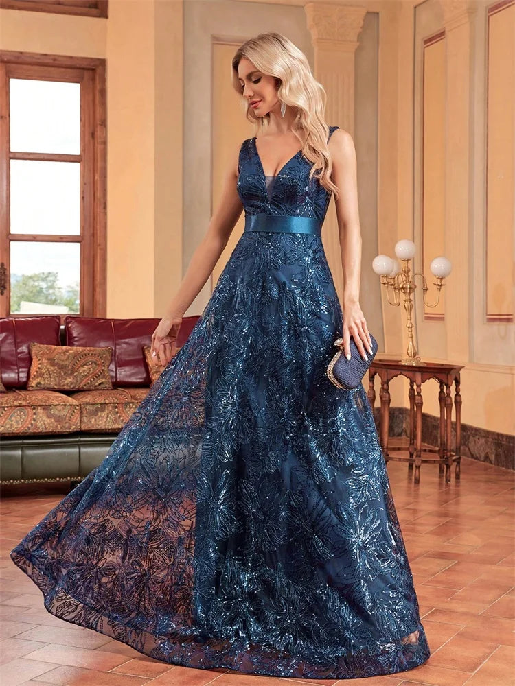 Luxury Sexy V-Neck Sequins Formal Evening Dress Long 2025 Women Elegant V-back Wedding Party Long Prom Cocktail Graduation Gown