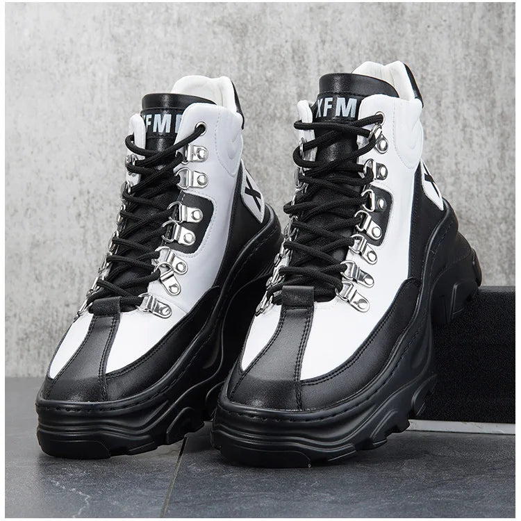 White High Top Board Boots for Men Thick Soled Men Boots with Elevated Height Inside Outdoor Casual Versatile High-top Shoes