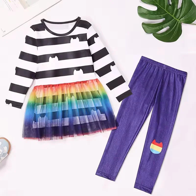 Girls Rainbow Striped Halloween Costume Cat Cosplay 2Pcs Sets For Children Summer Clothing Birthday Gifts Suit