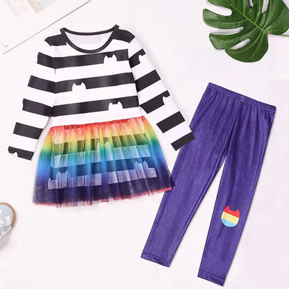Girls Rainbow Striped Halloween Costume Cat Cosplay 2Pcs Sets For Children Summer Clothing Birthday Gifts Suit