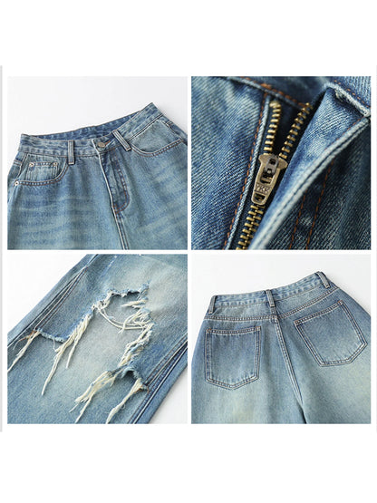 Women Jeans Loose Casual High Waisted Wide Leg Ripped Rough Edge Denim Pants Female Trousers Spring Autumn 2025