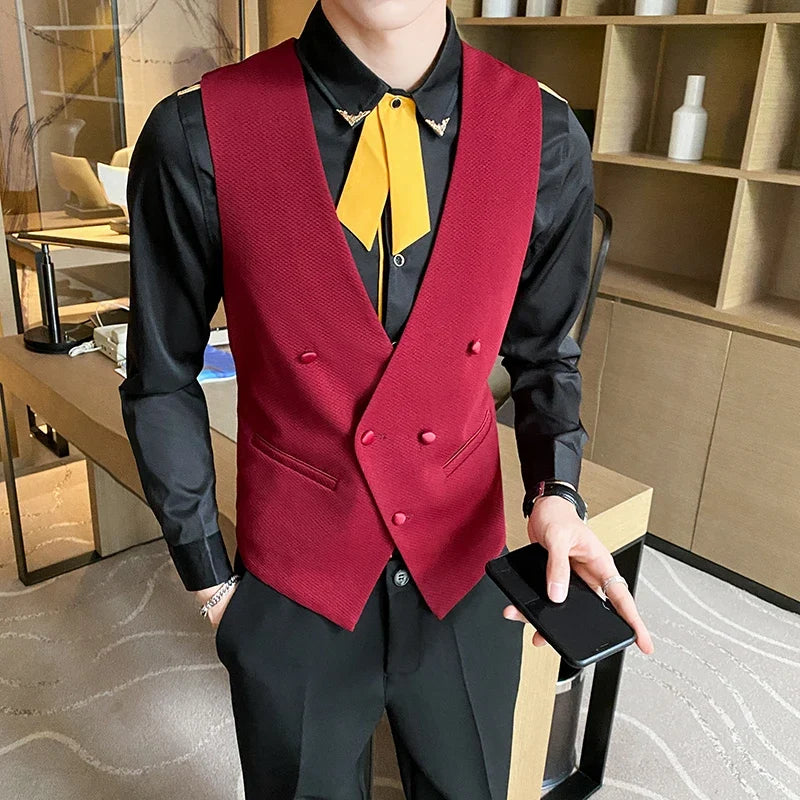 2025 New Fashion Men's Double Breasted Gentleman Dress Casual Vest Fashion Nightclub Bartender Work Clothes V Neck Vest Jacket