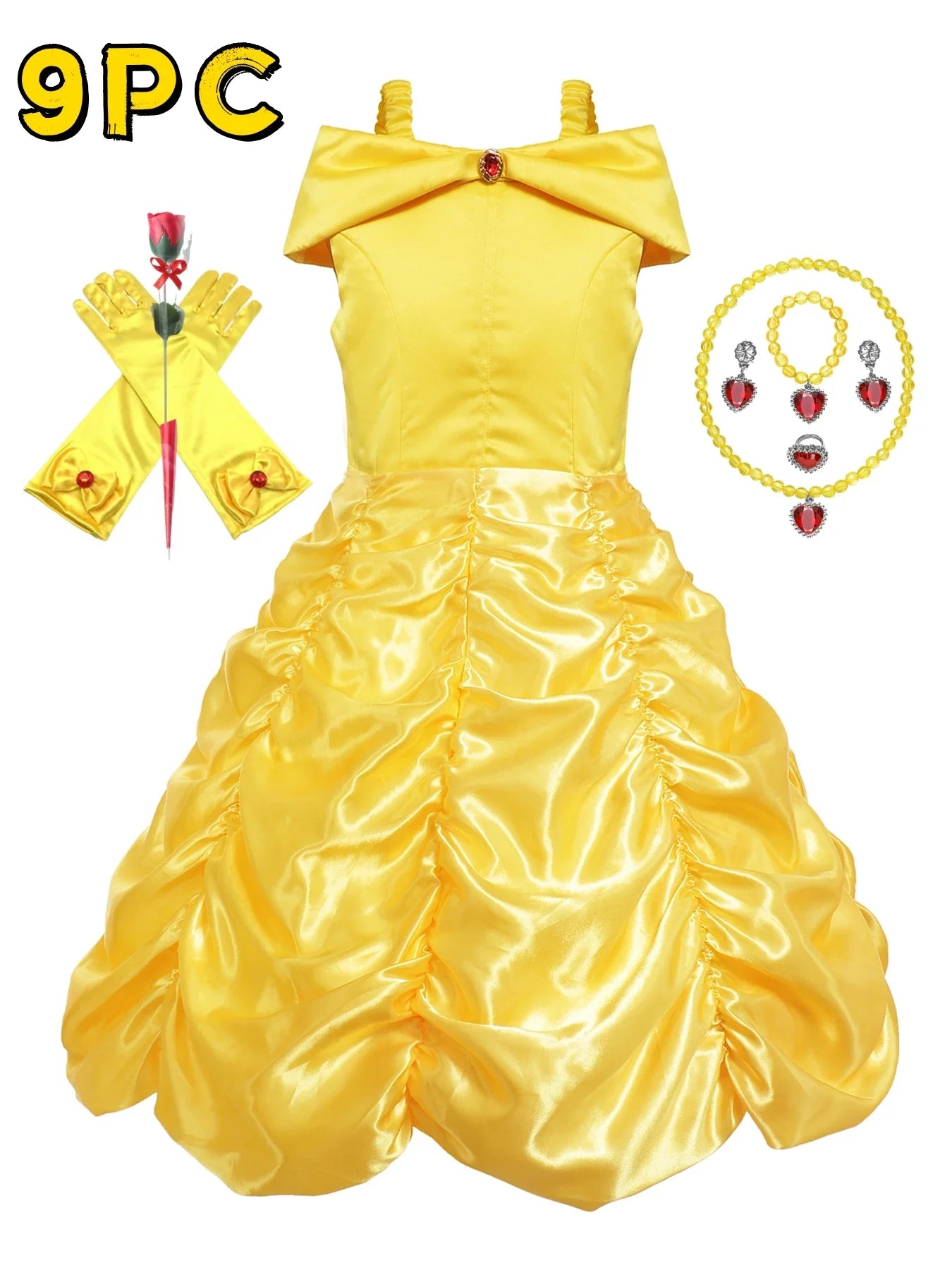Off Shoulder Yellow Princess Dress for Kids Girl Belle Role Playing Clothing Fancy Carnival Party Birthday Ball Gowns Halloween