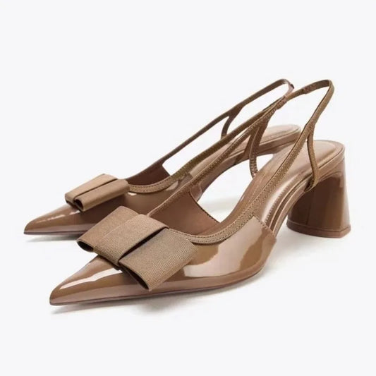 2026 Patent Leather Pointed Toe Heeled Sandals Women Elegant Bow Decoration Chunky Heel Pumps Luxury Designer Heels for Ladies