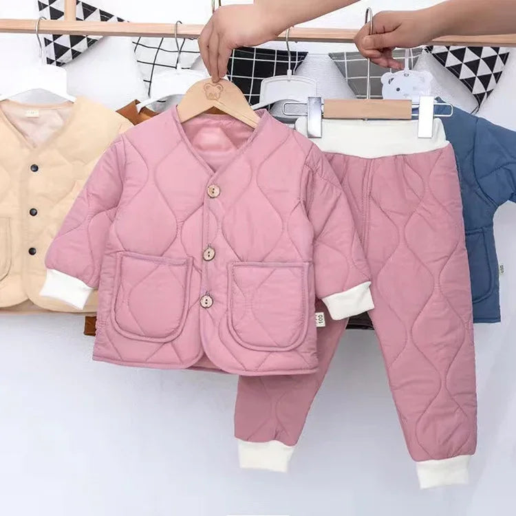 Winter Cute Girls Quilted Warm Clothes Sets Kids Boys Thicken Pullover and Thick Pants 2pcs Sets Boy Warm Suit for Kindergarten