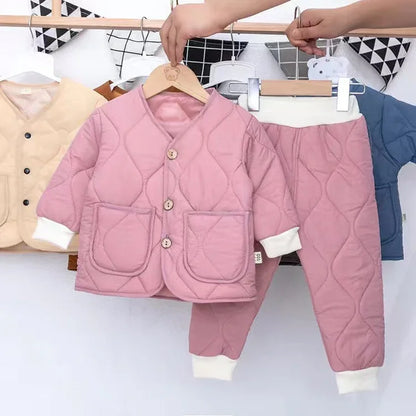 Winter Cute Girls Quilted Warm Clothes Sets Kids Boys Thicken Pullover and Thick Pants 2pcs Sets Boy Warm Suit for Kindergarten