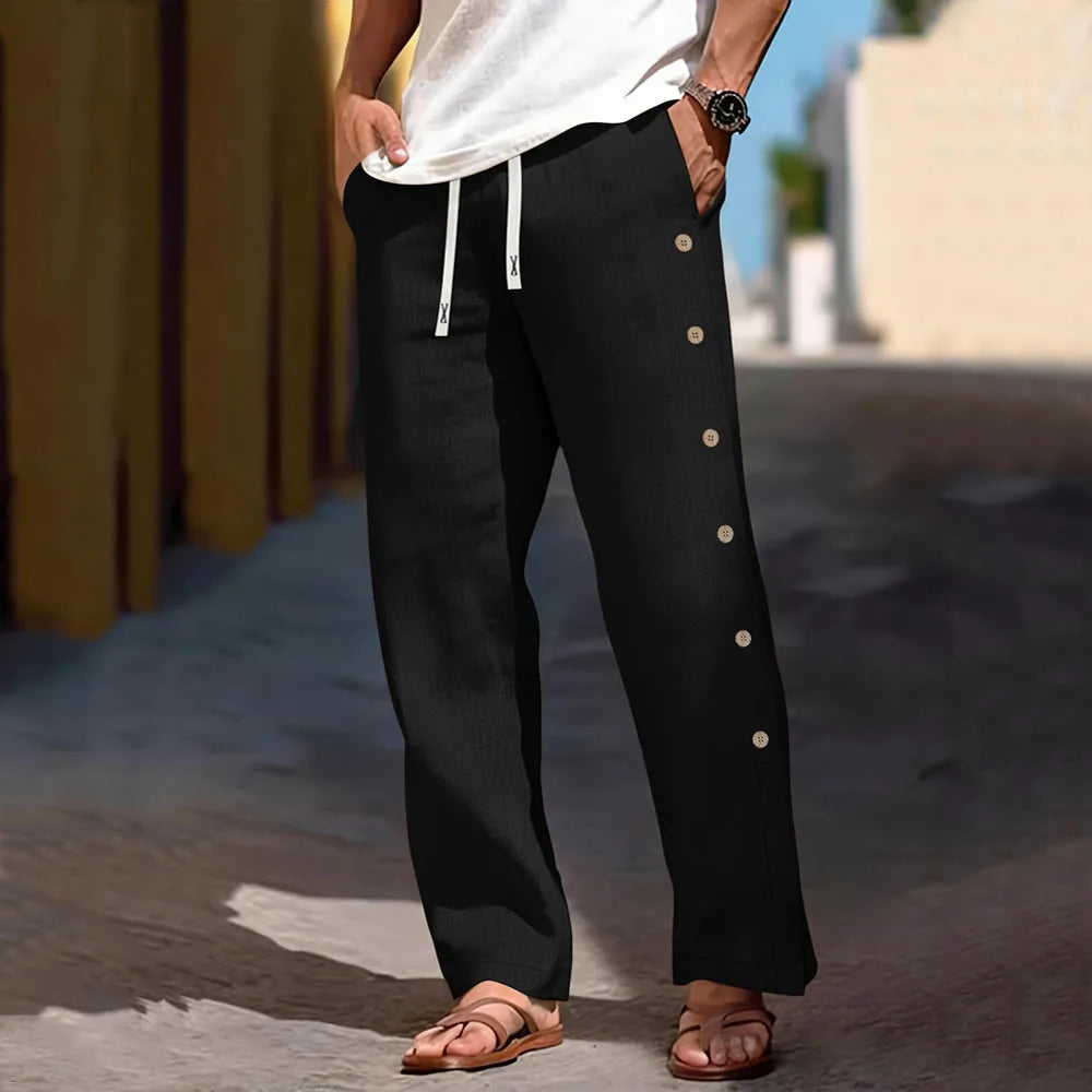 Men's Casual Cotton Linen Pants Drawstring Waist Side Button Decor Straight Leg Lightweight Breathable Summer Beach Trousers