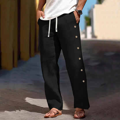 Men's Casual Cotton Linen Pants Drawstring Waist Side Button Decor Straight Leg Lightweight Breathable Summer Beach Trousers