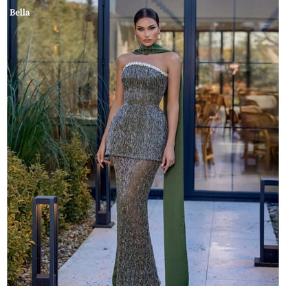Customized Gray Glitter Two-Piece Set Mermaid robes de soirée Strapless Evening Dresses Floor-Length Wedding Dress 2024
