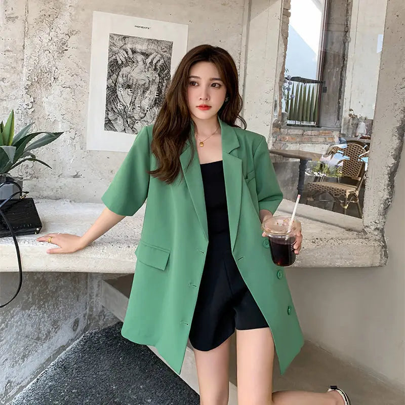 Korean Fashion Loose Thin Blazer Women Spring Autumn New Extra Large Mid Length Short Sleeved Women Coat Casual Outwear
