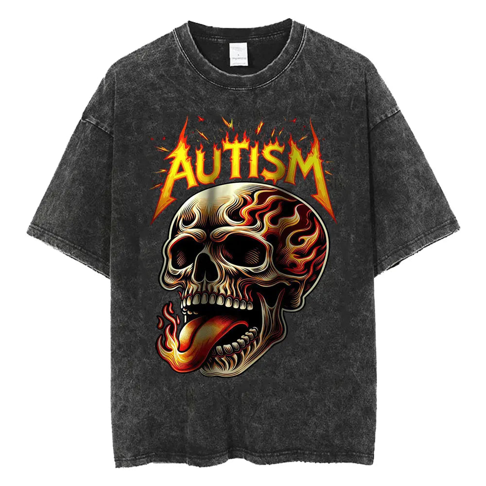 Autism Skeleton Meme T Shirt Human Funny Skull Men Women Harajuku Gothic Vintage Washed T Shirts Oversized Casual Cotton T-shirt