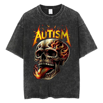 Autism Skeleton Meme T Shirt Human Funny Skull Men Women Harajuku Gothic Vintage Washed T Shirts Oversized Casual Cotton T-shirt