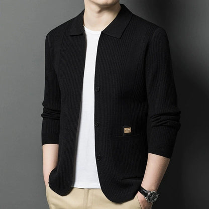 High-Quality Men's Knitted Cardigans Solid Color Simple Business Lapel Knitwear Coat Man Autumn New Long Sleeves Sweater Jacket