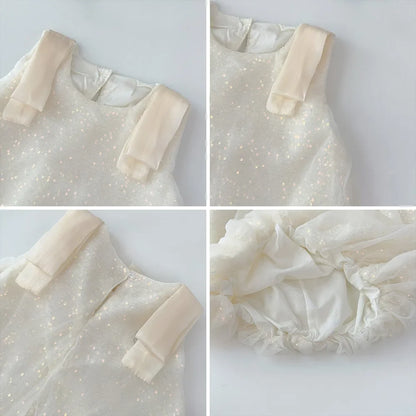 Summer New Girls' Sequined Lace Bow Bubble Princess Dress Korean Version Fashionable Solid Color Kids Clothes 2-7 Years Old