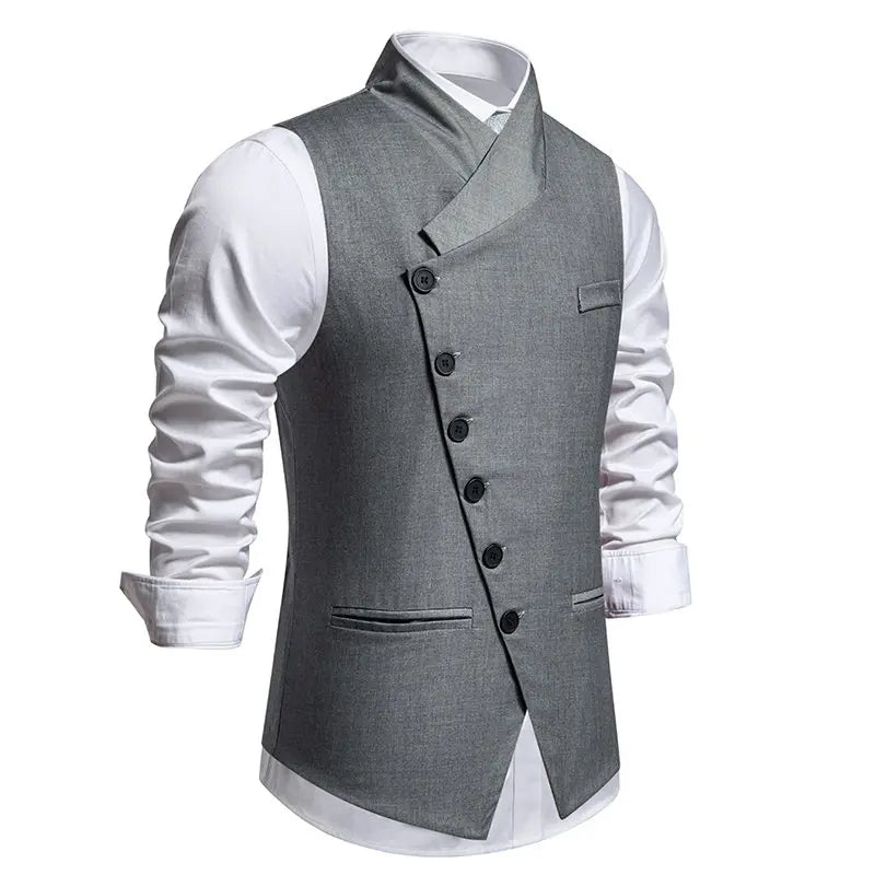 Men's Wedding and Party Vest with Diagonal Front Placket and Single-Button Closure