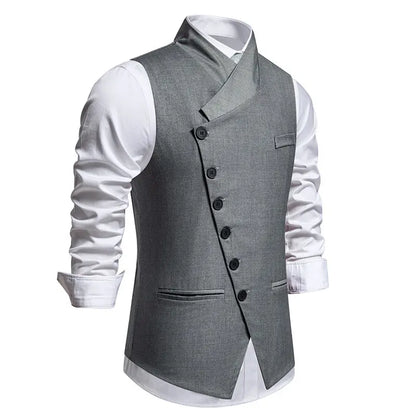 Men's Wedding and Party Vest with Diagonal Front Placket and Single-Button Closure