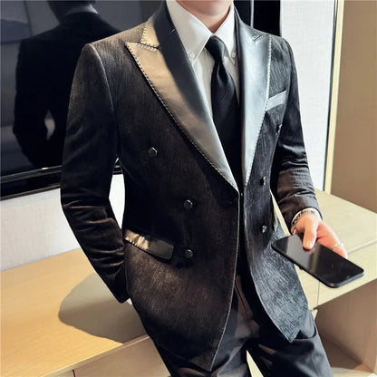 British Style Luxury Men Double Breasted Suit Jacket High Quality Fashion PU Leather Neck Spliced Coats Groom Social Party Dress