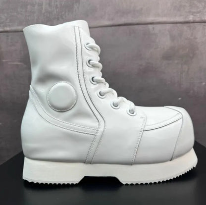 High Street Mens Round Tote High Top Cowhide Genuine Leather Ankle Boots Punk Style Stage Show Shoes Platform Work Safty Shoes