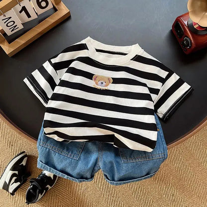 New Baby Boy Clothes Summer Children Suit Causal Striped Cartoon Tshirt Jeans 2Pcs/Set Kids Fashion OutfitsToddler Tracksuits