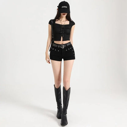 Summer Y2k Sexy Low Waist Mini Denim Shorts Women Vintage Korean Popular Girls Slight Strech Streetwear Gothic Rivet Black Jeans