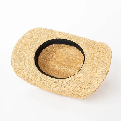 Hand-crocheted Natural Raffia Straw Cowboy Hat for Women Men Summer Wide Brim Sun Hat Outdoor Breathable Beach Caps