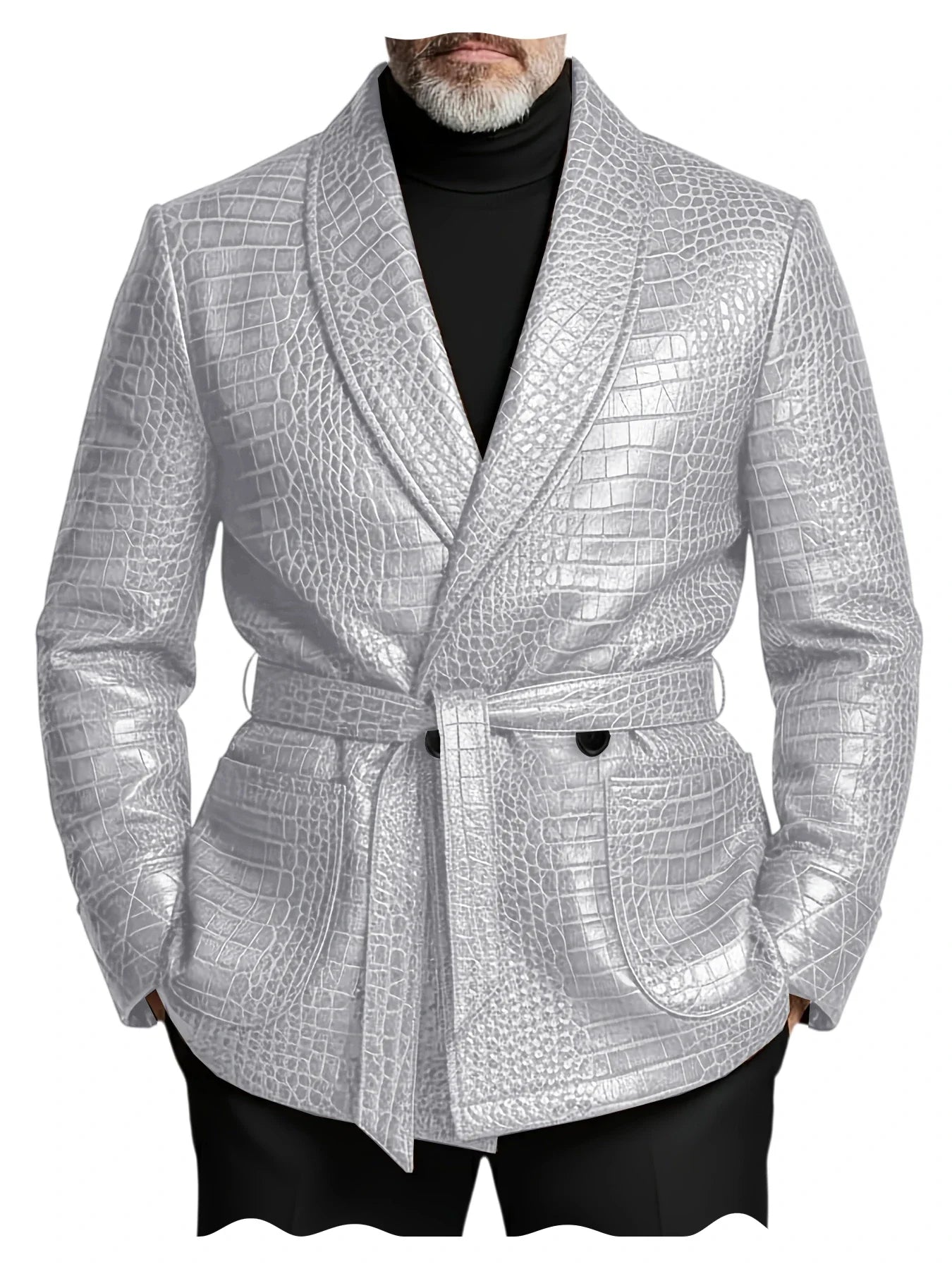  Men's Crocodile Pattern Leather Blazer Double Breasted Belted Shawl Collar Jacket Business Formal Party Wedding Casual Wear