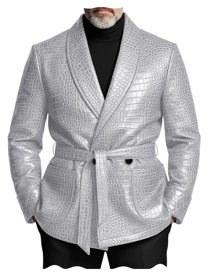  Men's Crocodile Pattern Leather Blazer Double Breasted Belted Shawl Collar Jacket Business Formal Party Wedding Casual Wear