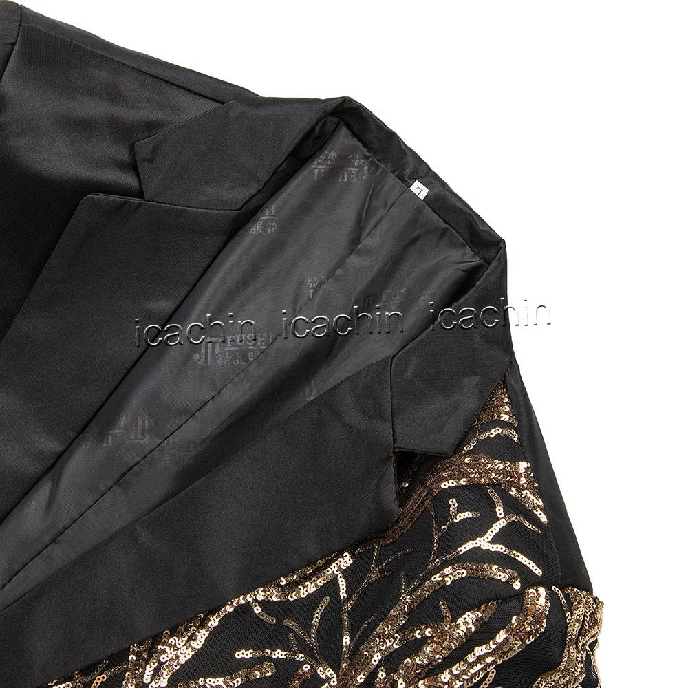 Men Sequin Jacket Glitter Tuxedo Paillette Champagne Sequined Blazer Black and Gold Jacket Performer Outfit Stage Jacket