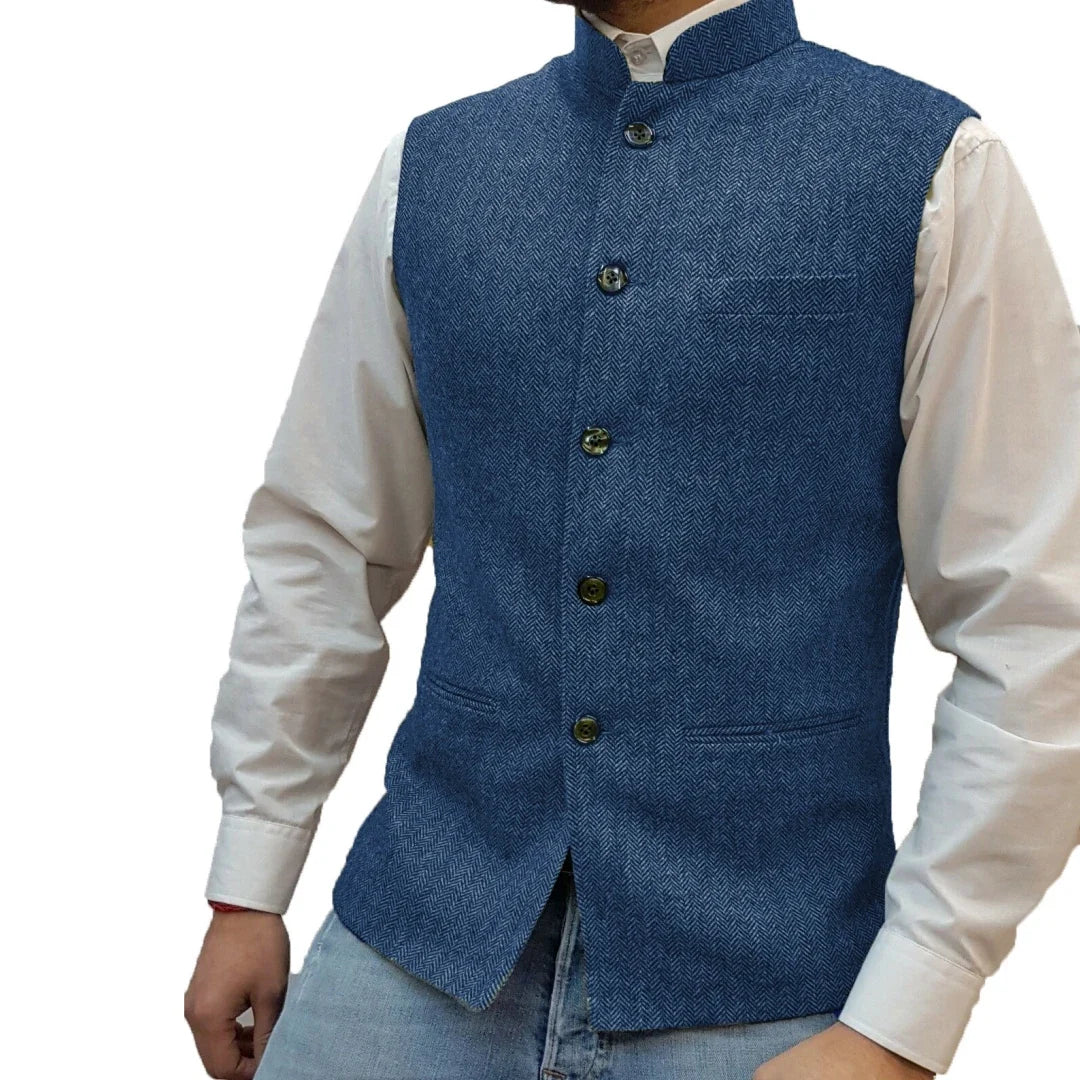 Men Vest Gray Herringbone Height Collar Single Button Waistcoat For Wedding Party Business Work Daily Casual Men Suit Vest