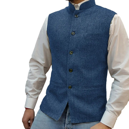 Men Vest Gray Herringbone Height Collar Single Button Waistcoat For Wedding Party Business Work Daily Casual Men Suit Vest