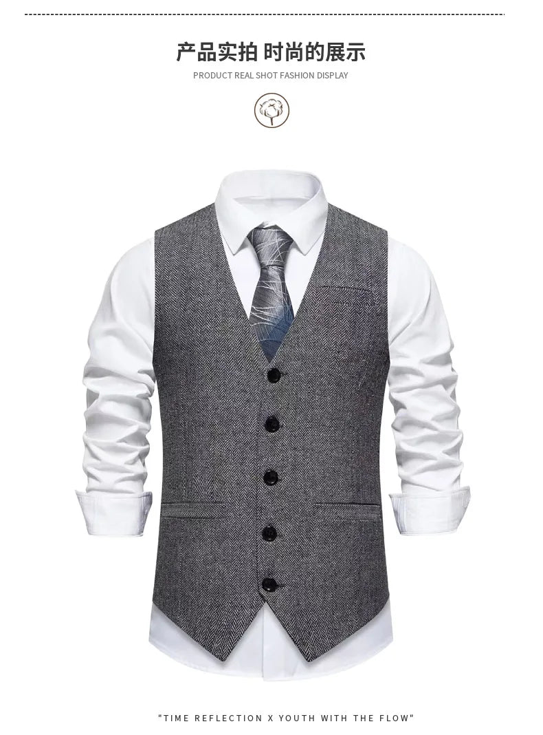 Dark Gray Herringbone Tweed Suit Vest for Men,business Casual Retro Single-breasted Herringbone Pattern Men's Waistcoat Eur Size
