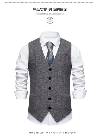 Dark Gray Herringbone Tweed Suit Vest for Men,business Casual Retro Single-breasted Herringbone Pattern Men's Waistcoat Eur Size