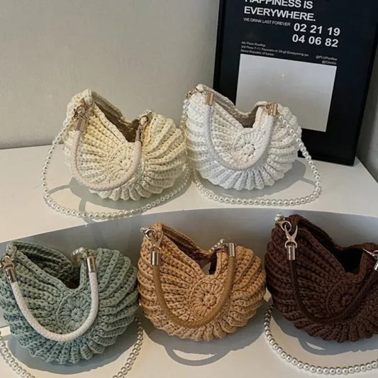 Fashion Conch Shaped Crochet Women Shoulde Bags Funny Cute Pearls Chains Handmade Weave Crossbody Bag Novelty Small Handbags