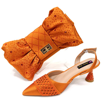 2025 New Summer Collection Stylish Italian Women’s Shoes and Bag Set in Gold Colour - Comfortable Mid Heels With Rhinestones