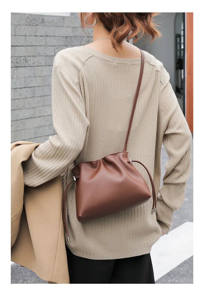Luxury Pleated Cloud Crossbody Bag - Premium Genuine Leather Drawstring Shoulder Purse, Versatile Small Bag for Elegant Lady