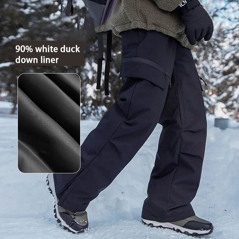 Autumn Winter Men's Three-proof Pants 90 Velvet Warm Fabrics Wear-resistant Large Pockets Elastic Waist Outdoor Sports Pants
