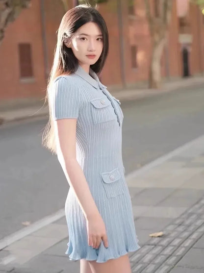 2025 Spring/Summer New Polo Neck Short Sleeve Knitted Dress Y2K Fashion Commuter Elastic Slim Fit Multi Pocket Wrapped Hip Skirt