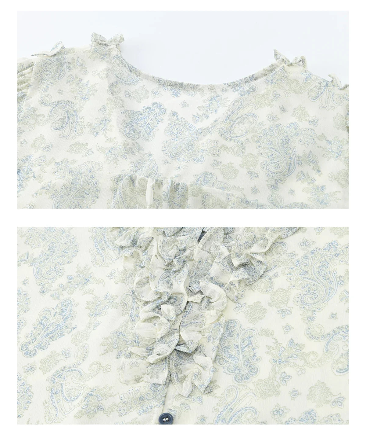 Women's Light Blue Paisley Print Ruffle Blouse V-neck Sheer Long Sleeve Chiffon Shirt Casual Summer Wear MXF13X2549