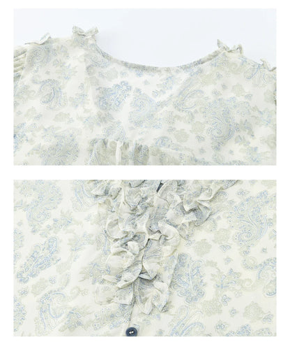 Women's Light Blue Paisley Print Ruffle Blouse V-neck Sheer Long Sleeve Chiffon Shirt Casual Summer Wear MXF13X2549