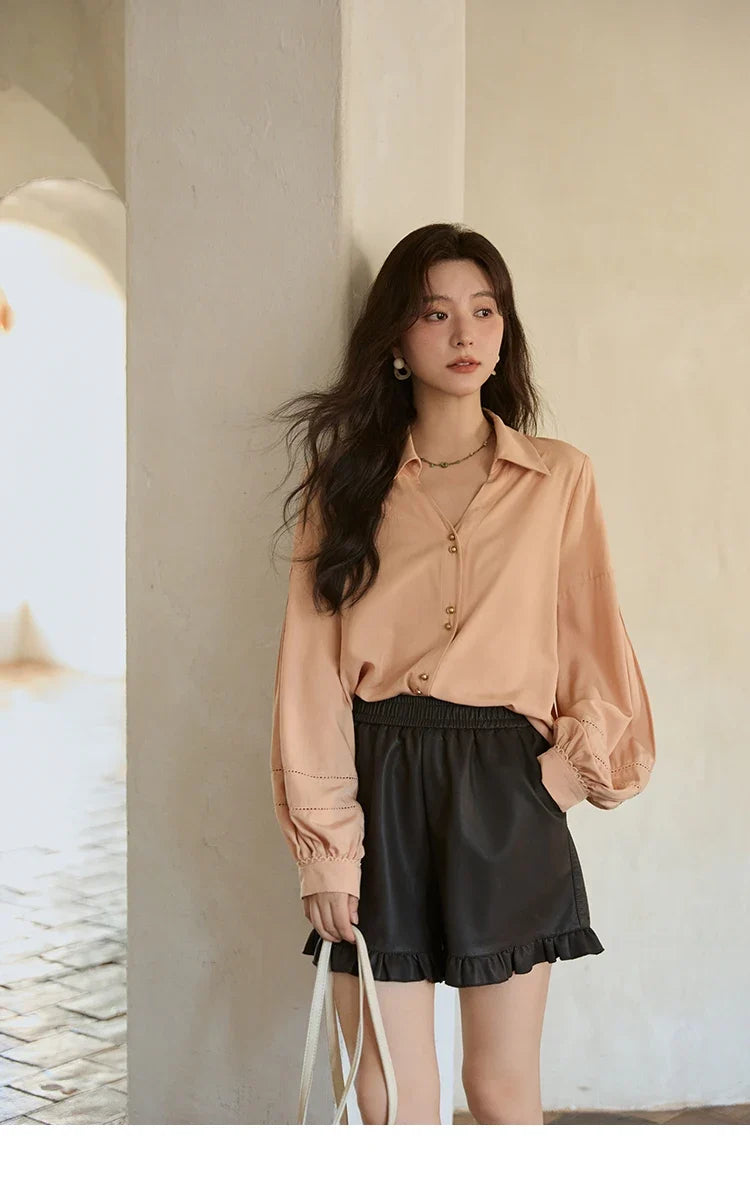 Women's Shirt Lantern Sleeve Hollow Out Tops 2025 Autumn Single Breasted Solid Shirts Lapel Shirt Office Lady MXE41C2359