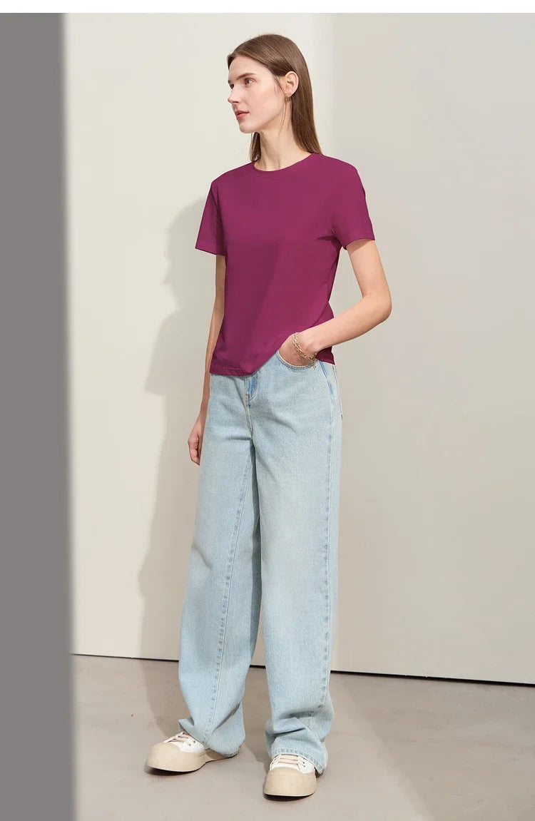 Minimalism Women T-shirts 2024 Summer New Casual Basic O-Neck Slim Short-sleeve Female Dopamine Color Solid Tees 12442327