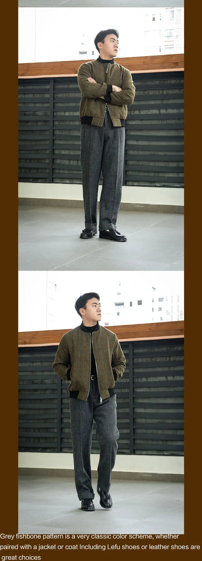 American Vintage Hollywood Waist Wool Tweed Casual Pants Hollywood Classic Loose Straight Leg Pants