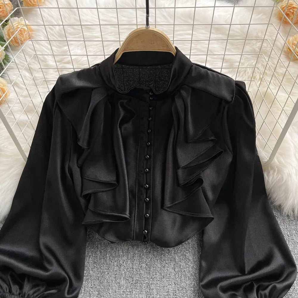 High Quality Satin Loose Shirt Long Flared Sleeves Ruffles O Neck Beading  Women Gentle Office Lady Casual Blouse