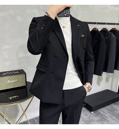 ( Blazers + Pants ) Boutique Fashion Solid Color Double-breasted Men's Casual Business Slim Suit 2-piece Set Groom Wedding Dress