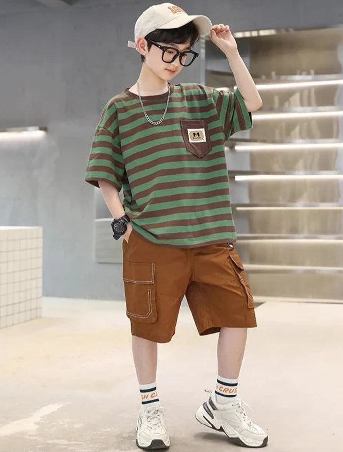 Stripes Children's Outdoor Clothes 4 Years Clothing Suit for Kids Boys Top Bottom Set Junior Shorts Summer Boy Child T-shirt 7 8