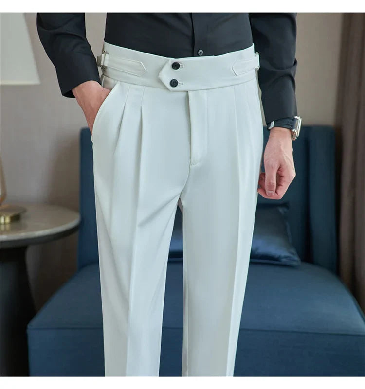British Style Autumn New High Waist Trousers Men Belt Design Slim Fit Suit Pants Office Social Wedding Party Formal Pants Hommes