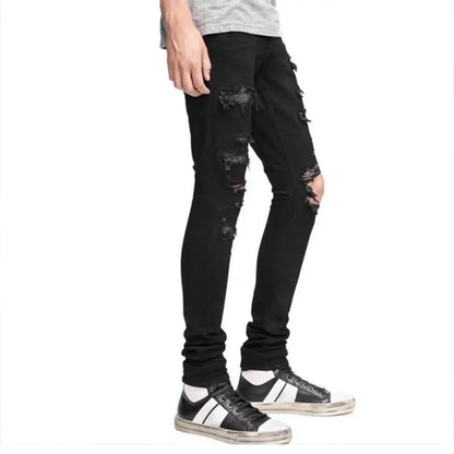 Korean Fashion Jeans Men's Black Ruffian Handsome Trendy Brand Hot Diamond Ripped Beggar Slim Spring Autumn Elastic Casual Pants